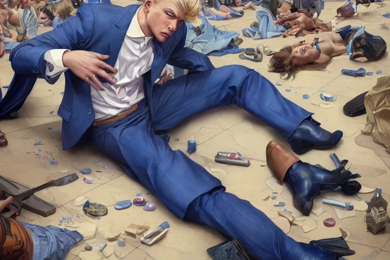 Prompt: a blond man in a blue suit wounded and kneeling surrounded by a crowd, intricate, elegant, ultra realistic illustration, highly detailed, digital painting, artstation, concept art, smooth, sharp focus, illustration, art by artgerm and greg rutkowski and alphonse mucha