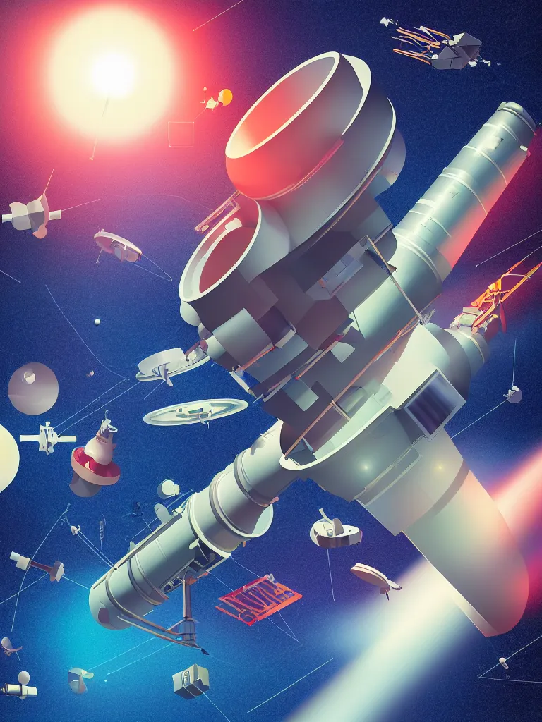 Image similar to editorial illustration scientific lab test tube telescope microscope spaceship artificial satellite, dynamic composition, detailed, matte print, dynamic perspective, colorful modern, mads berg