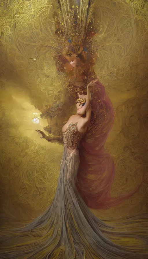 Image similar to dance meditation, madison beer, long beautiful voluminous medieval court dress with train and embroidered flowers, highly detailed, glowing, action pose, cinematic, art deco, gold filigree, ethereal, alfonso mucha, zdzisław beksinski, andrei ryabovichev, shaun tan, chriss foss, peter mohrbacher, 4 k