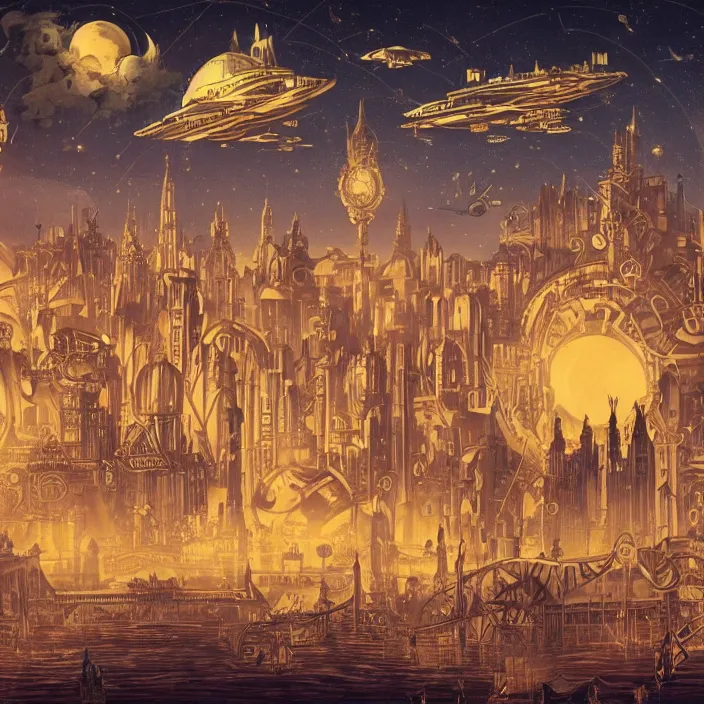 Prompt: a floating city in a night sky, with a steampunk aesthetic and dirigibles floating in the air, cityscape, golden spires, art nouveau architecture, powered by arcane magic, huge bridge