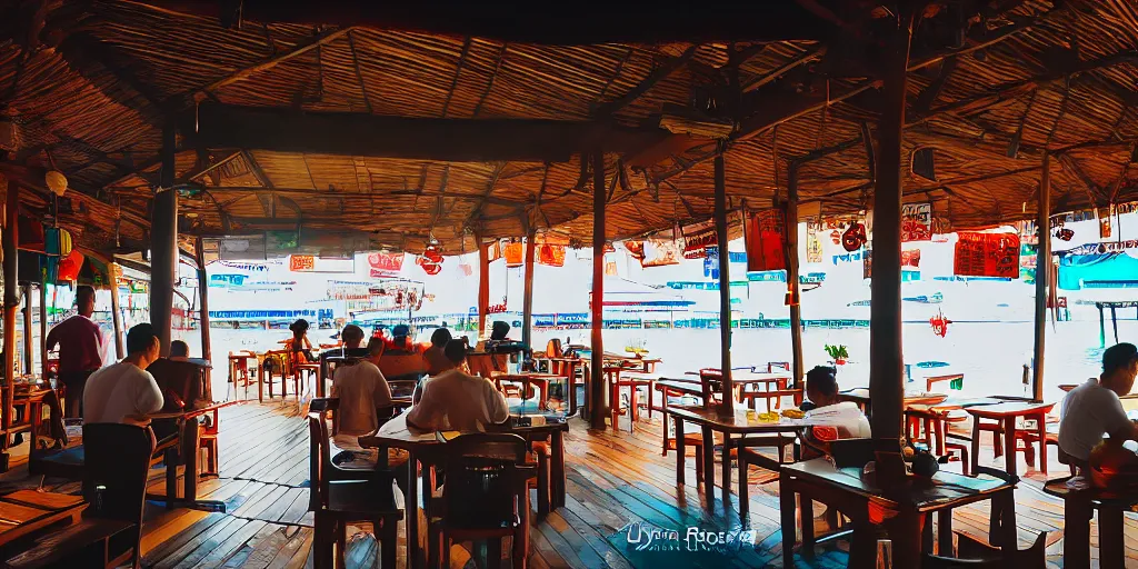 Image similar to interior of a kopitiam at pulau indah fishing village, near a jetty, early morning, hyperrealistic, detailed, low angle view, telephoto lens, bokeh, studio ghibli, artstation