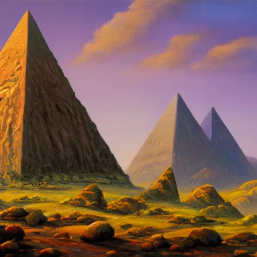 Image similar to fantasy landscape pyramids in distance rocky desert terrain oil painting widescreen