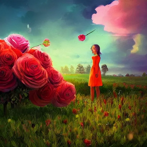 Image similar to giant rose flower head, full body girl sitting in a flower field, surreal photography, sunrise, dramatic light, impressionist painting, colorful clouds, digital painting, artstation, simon stalenhag