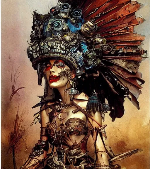 Image similar to empress of the wasteland, scrap metal headdress, strong line, deep color, high contrast, beautiful! coherent! by brian froud, by frank frazetta, low angle