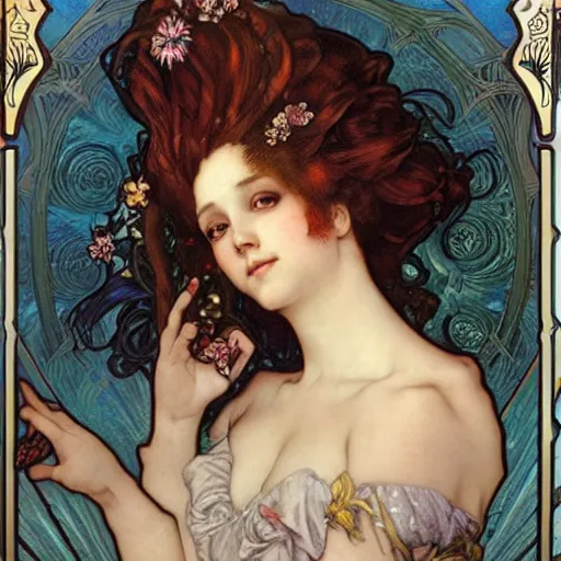 Prompt: realistic detailed face portrait of Mermaid Marie Antoinette with a reef growing out of her hair by Alphonse Mucha, Ayami Kojima, Amano, Charlie Bowater, Karol Bak, Greg Hildebrandt, Jean Delville, and Mark Brooks, Art Nouveau, Neo-Gothic, gothic, rich deep moody colors