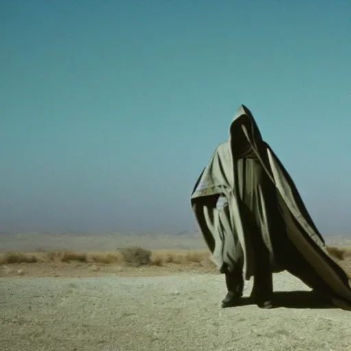 Image similar to a man wearing a long cloak and hood and gasmask, in the desert, film still, arriflex