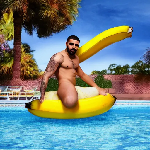 Image similar to Drake riding a big banana in a pool, 8k, sharp, high details, detailed face