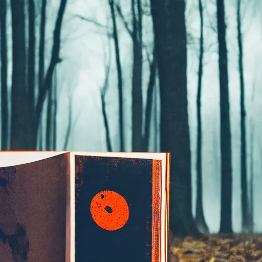 Prompt: award winning photography of a creepy book, creepy forest background, burnt orange and navy hues, 40mm lens, shallow depth of field, split lighting