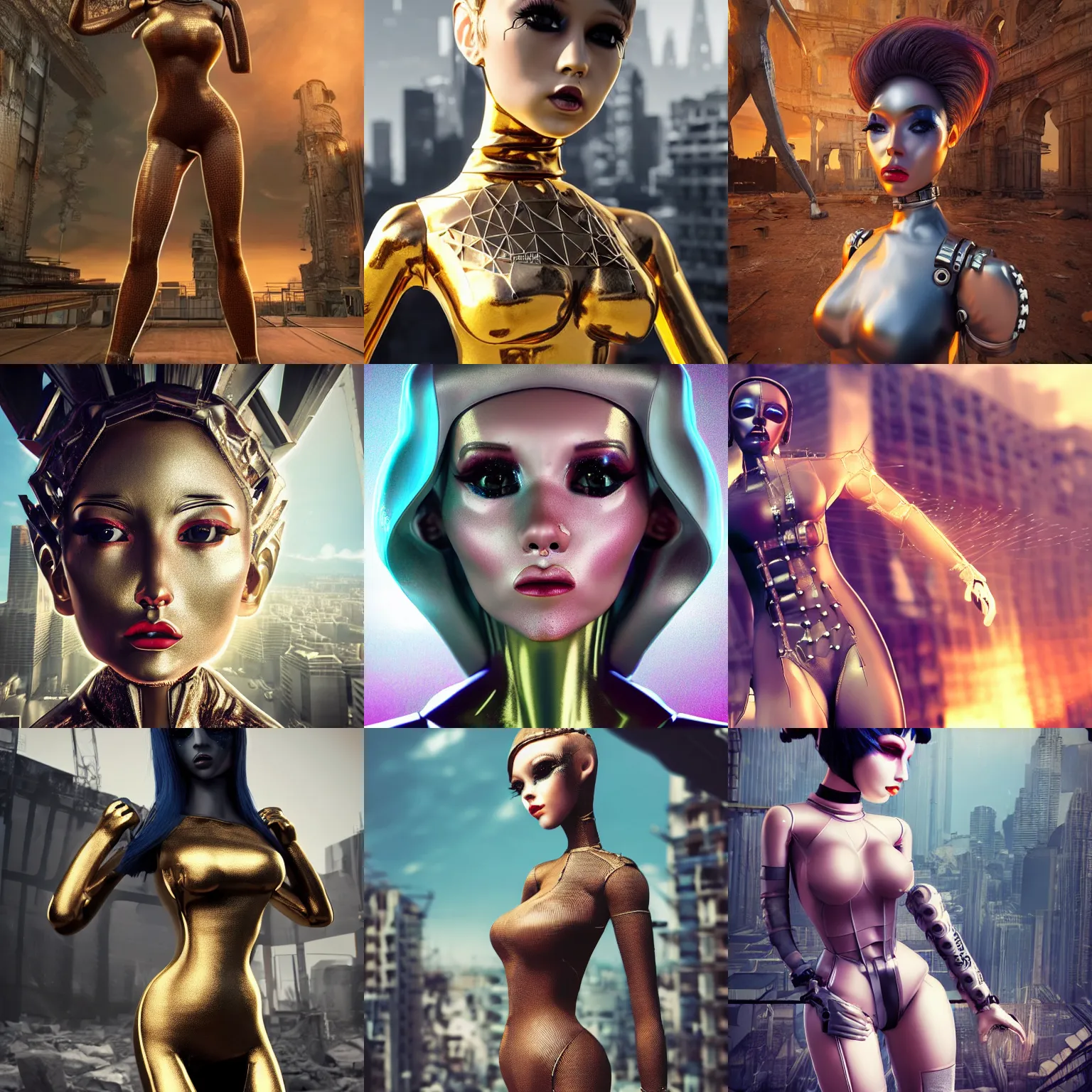 Prompt: Abstract tech, Ultrarealist aesthetic detailed face, portrait of a dollpunk wearing a bodysuit, in front of a ruined city, epic exquisite character art, focus, looking at camera, accurate symmetric features proportions, golden ratio, ultra intricate details, award winning, unreal render