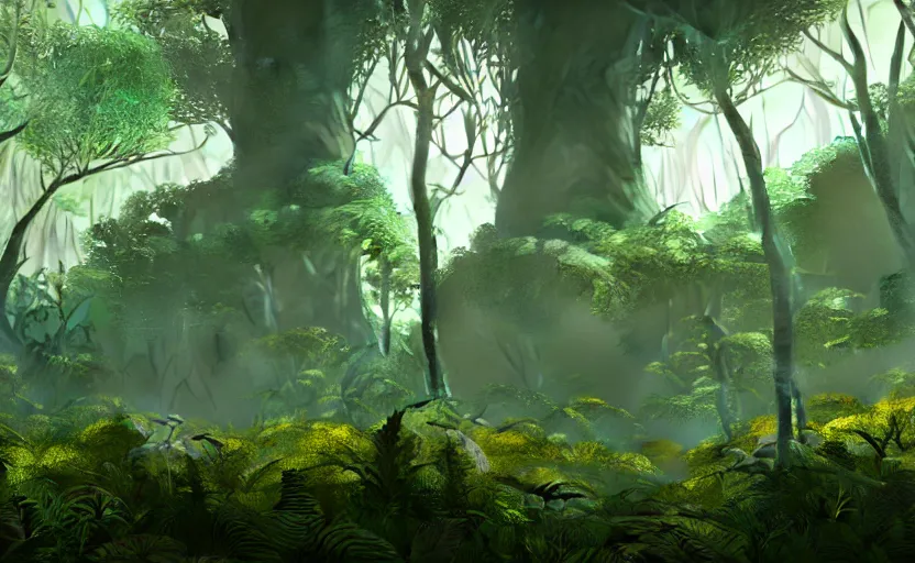 Prompt: a beautiful render of a dark prehistoric cloud forest, lush flora, patches of yellow sky, dark green leaves, blue shadows, intricate detail, hazy, humid, volumetric lighting, 8 k, photorealistic, raytracing effects, unreal engine 5