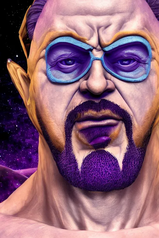 Image similar to Sam Hyde cosplaying as Thanos, close-up, sigma male, rule of thirds, award winning photo, unreal engine, studio lighting, highly detailed features, interstellar space setting