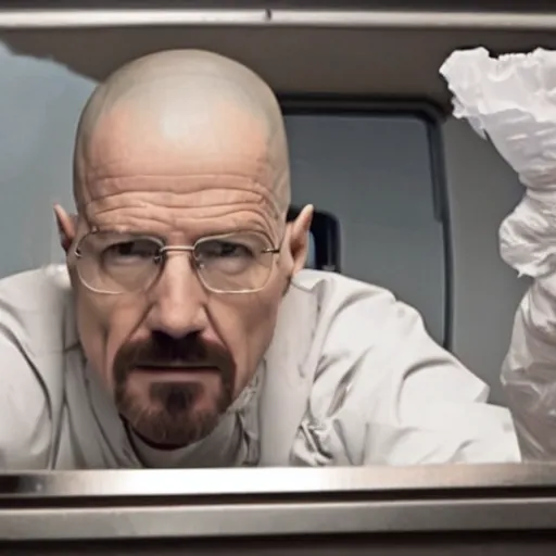 Image similar to film still of kim kardashian as walter white cooking meth inside an rv, in the tv show breaking bad, full-shot, 4k