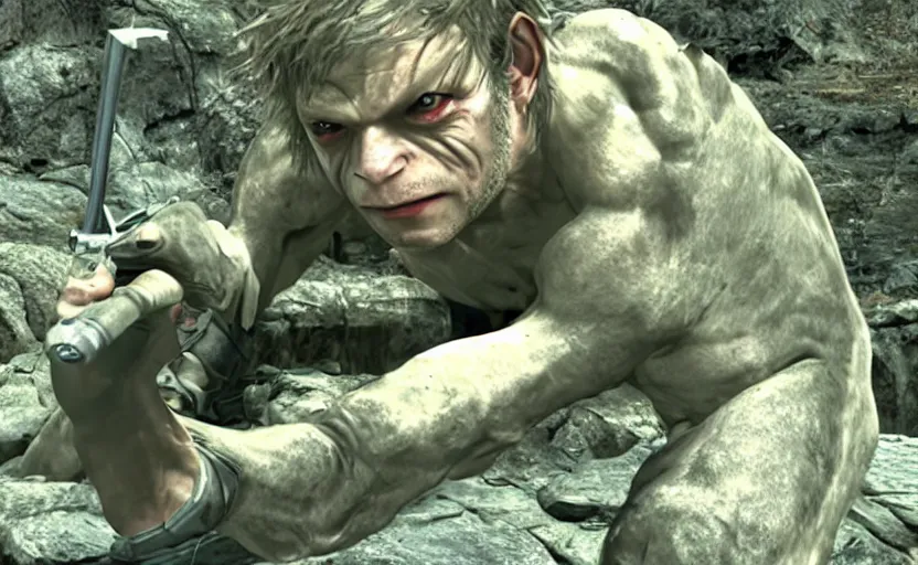 Image similar to a screenshot of gollum as solid snake in metal gear solid 3,