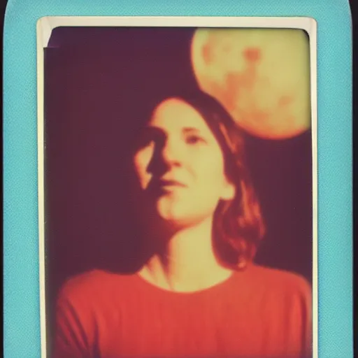 Prompt: vintage polaroid photo of a beautifuk young woman on the moon, the earth visible in de background, warm azure tones, red color bleed, film grain