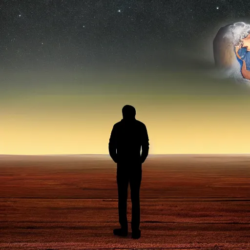 Image similar to 4K ultra HD detailed award-winning wallpaper silhouette of lonely man standing looking at Earth from far away huge vast sky universe