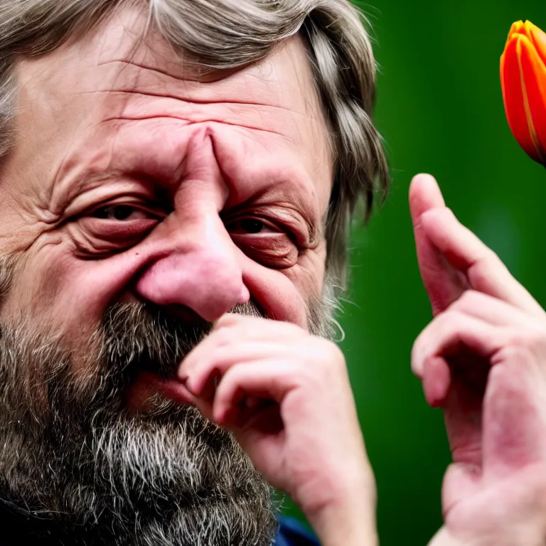 Image similar to slavoj zizek becoming a tulip, photo, 8 k