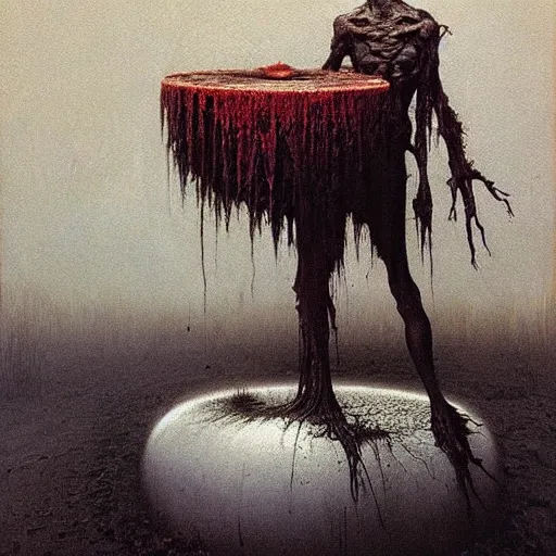 Image similar to aspic on plate, painting by beksinski, bernie wrightson, trending on artstation, horror film, creepypasta