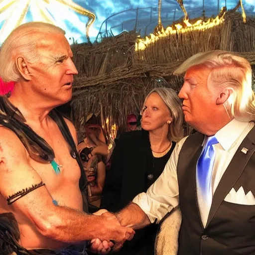 Prompt: photo of evil Joe Biden attending burning man with ecofeminist Donald Trump and a catboy Nick Land, photorealism, extremely detailed, soft lightning, playa, HD