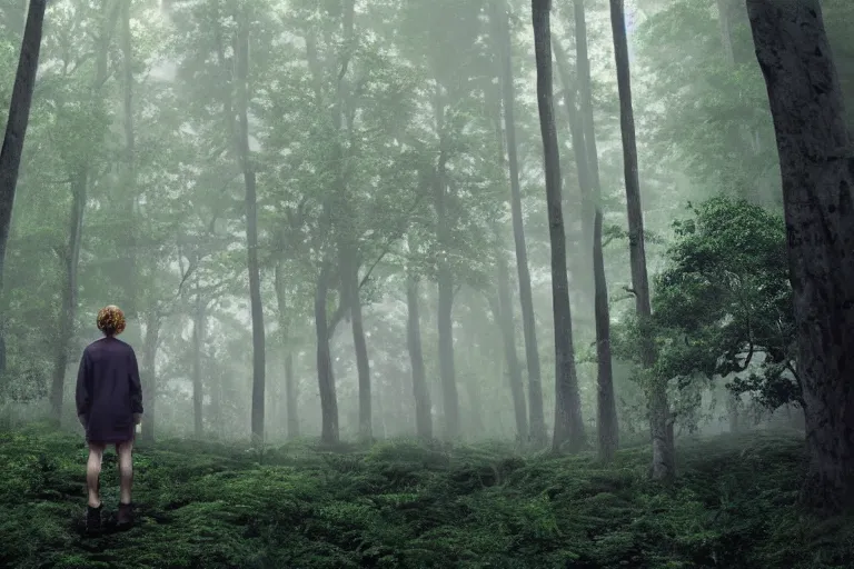 Image similar to a tourist visiting a complex organic fractal 3 d ceramic spheric megastructure floating in a lush forest, foggy, cinematic shot, photo still from movie by denis villeneuve