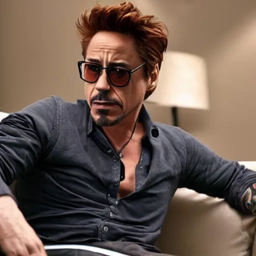 Image similar to robert downey jr. playing a game on his playstation 5 during a stormy night, photorealistic, cinematic lighting, highly detailed