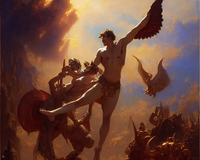 Image similar to attractive heroic male deity, casts magic, summoning handsome heroic lucifer morning star. highly detailed painting by gaston bussiere, craig mullins, j. c. leyendecker 8 k