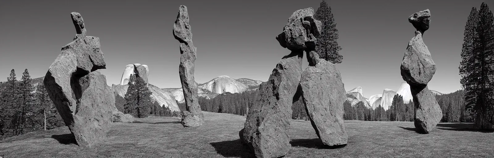 Image similar to to fathom hell or soar angelic, just take a pinch of psychedelic, medium format photograph of two colossal minimalistic necktie sculpture installations by antony gormley and anthony caro in yosemite national park, made from iron, marble, and limestone, granite peaks visible in the background, taken in the night