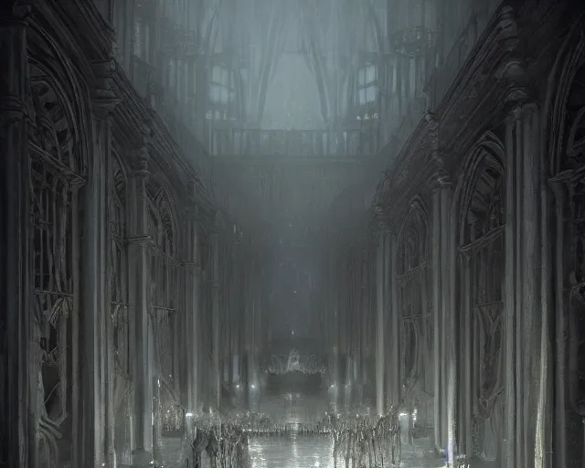 Image similar to fantasy scene, king of the wolves inside the king's hall ethereal, ominous, misty, 8 k, by h. r. giger and greg rutkowski