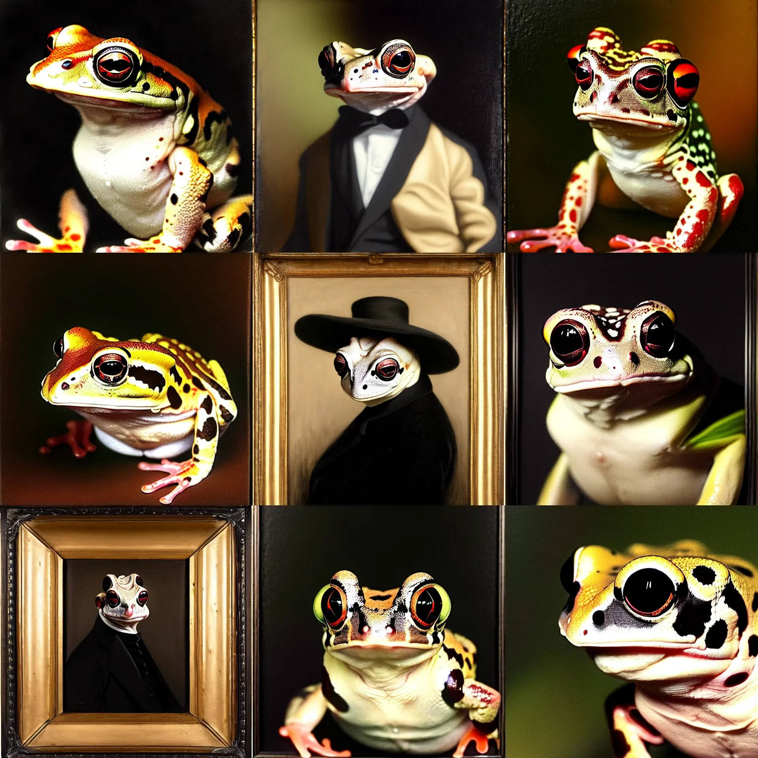 Prompt: a head - and - shoulders portrait of an amazon milk frog with a black frock coat looking off camera, an american romanticism painting, a portrait painting, cgsociety, soft focus, oil on canvas