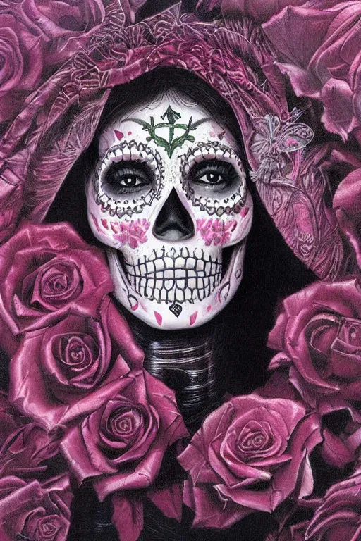 Prompt: Illustration of a sugar skull day of the dead girl, art by wayne barlowe