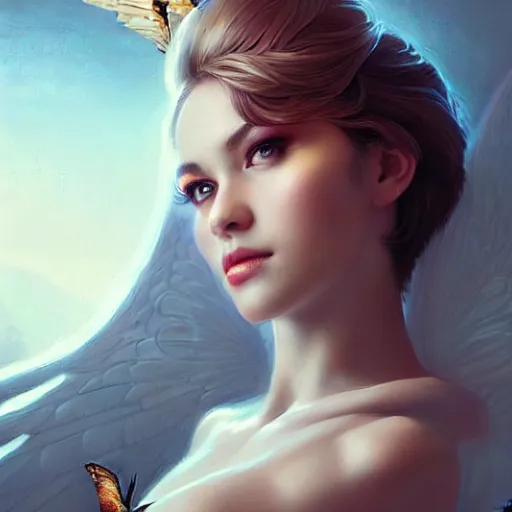 Image similar to 3 / 4 view of a portrait of beautiful woman with wings, confident pose, pixie, genshin impact, high quality, intricate, elegant, sharp focus, illustration, highly detailed, concept art, matte, trending on artstation, art by wlop and artgerm and greg rutkowski, h 6 4 0