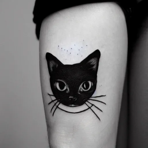 Image similar to stick and poke tattoo of a cat with 4 eyes, black and white tattoo, linework