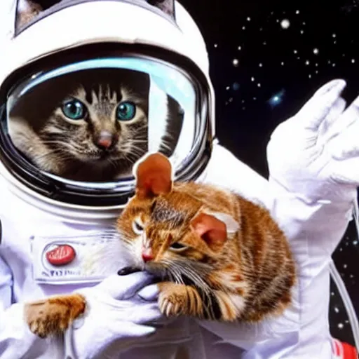 Image similar to cat in spacesuit with hamster in her mouth