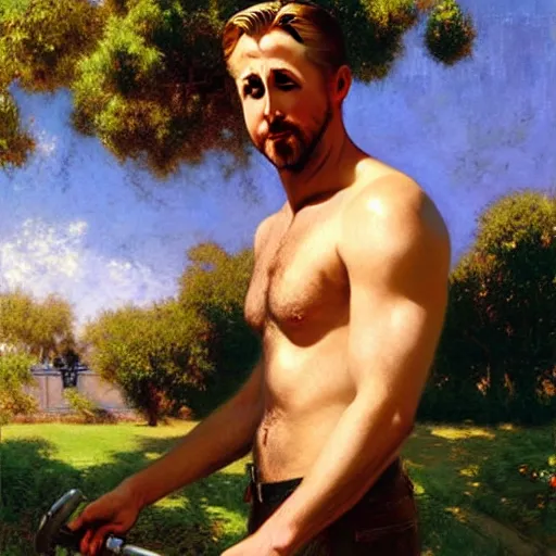 Image similar to ryan gosling mowing a lawn, sunlight glistens on his sweaty skin, painting by gaston bussiere, craig mullins, j. c. leyendecker, tom of finland