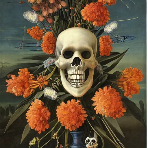 Prompt: mimosa blossoms in the eye sockets of two skeletons, surrounded by gladioli, butterflies and worms, day of the dead, Dutch masters