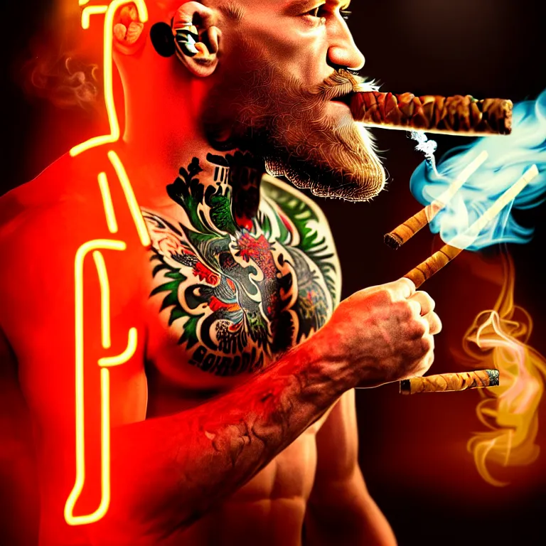 Image similar to a intricately detailed portrait of conor mcgregor smoking a lit cigar in an irish pub with a neon bar, smoke rising like clouds, balanced, trending on art station, volumetric lighting & shadows, hyper detailed, digital art, unreal engine, 4 0 0 mm f 1. 8,