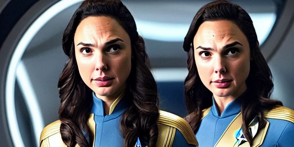 Image similar to gal gadot, in full starfleet uniform, is the captain of the starship enterprise in the new star trek movie