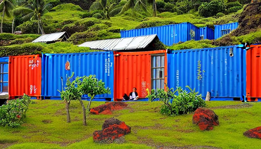 Prompt: hobbit monastery made of shipping containers, on hawaii, by Ivan Bilibin,