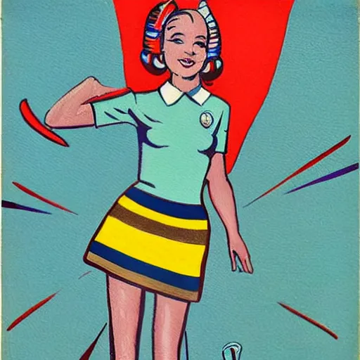 Prompt: a retro sci go art painting of a space girl in a skirt