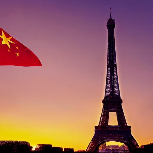 Image similar to Eiffel tower at sunset with Chinese tourists everywhere, Chinese flags