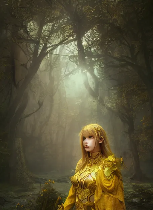 Image similar to Beautiful art portrait of a female fantasy cleric in a bright temple surrounded by yellow spring forest and dead trees, evening, atmospheric lighting, intricate detail, cgsociety, hyperrealistic, octane render, RPG portrait, ambient light, dynamic lighting