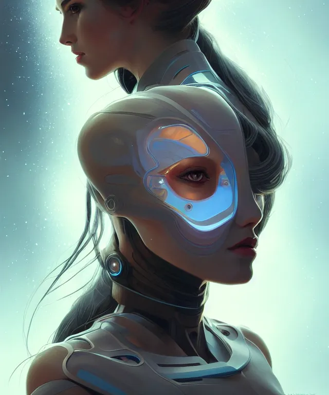 Image similar to futuristic woman android portrait, sci-fi, amber eyes, face, long hair, fantasy, intricate, elegant, highly detailed, digital painting, artstation, concept art, smooth, sharp focus, illustration, art by artgerm and greg rutkowski and alphonse mucha