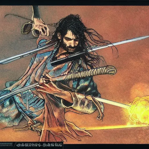 Prompt: Frank Zappa golden Vagabond magic swordsman glides through a beautiful battlefield magic the gathering dramatic esoteric pen and ink illustrated in high detail by Hiroya Oku, Moebius, and Tatsuki Fujimoto shonen jump 2002