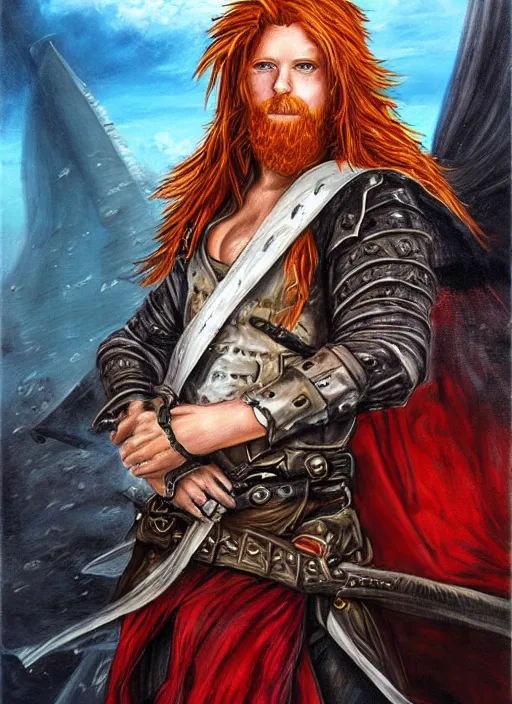 Image similar to epic fantasy portrait painting of a long haired, red headed male sky - pirate in front of an airship in the style of the king killer chronicles