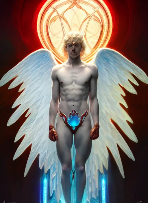 Prompt: the pale blond male angel of battle apollo smirking, sci fi, glowing eyes, volumetric lights, red and cyan theme, art nouveau botanicals, intricate, highly detailed, digital painting, artstation, concept art, smooth, sharp focus, cinematic, illustration, beautiful face, art by artgerm and greg rutkowski and alphonse mucha