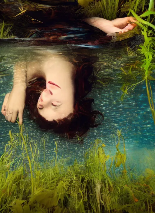 Image similar to lady laying under the river bed amongst the weeds, underwater shot, submerged, medium shot, on the bed of the river preraphaelite, 8 k