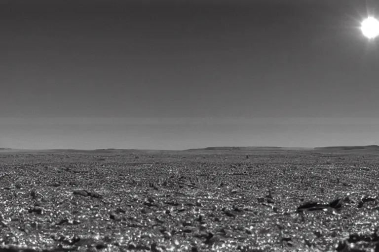 Prompt: photo taken from the surface a barren alien planet, two suns and a gas giant planet in the sky, black and white spielberg 3 5 mm film cinematic 4 k