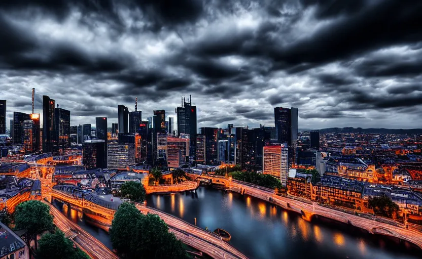 Prompt: a dramatic frankfurt skyline photo by ryan dyar, highly detailed, 8 k