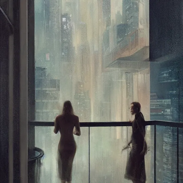 Prompt: a woman, moment, cyberpunk penthouse balcony, tech noir, wet reflections, atmospheric, ambient, speed painting, george tooker, livia prima,