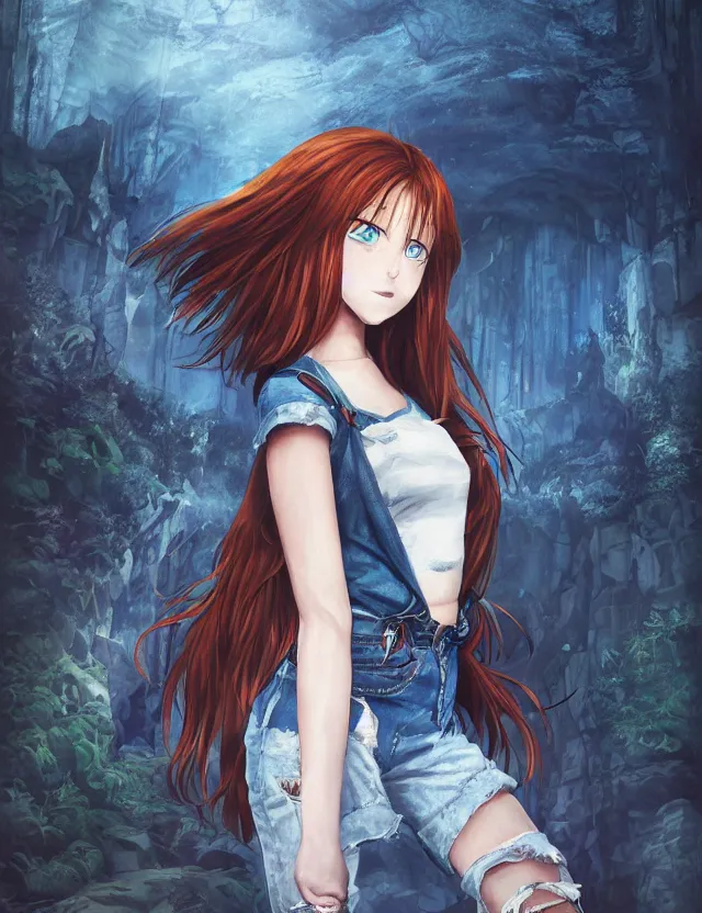 Image similar to scenic wide angle portrait of a teenage girl in a coal mine, blue jeans outfit, anime in fantasy style, trending artwork, made with anime painter studio, by anato finstark, tony sart, marc simonetti and an anime artist, collaboration