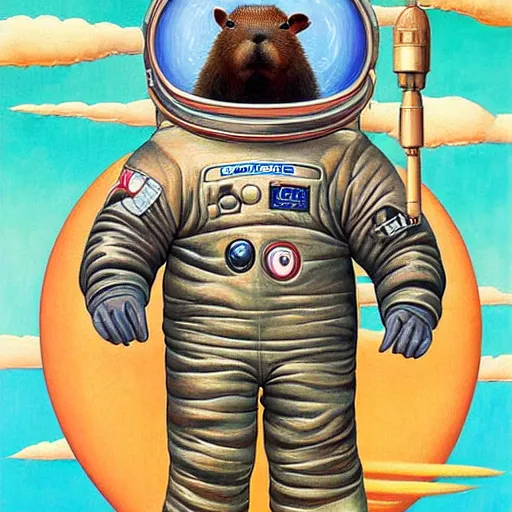 Image similar to beautiful detailed painting of a capybara astronaut in a spacesuit floating above earth by casey weldon by mark ryden by thomas blackshear